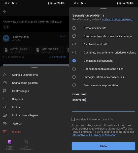 Segnalare mail sospetta Outlook Android