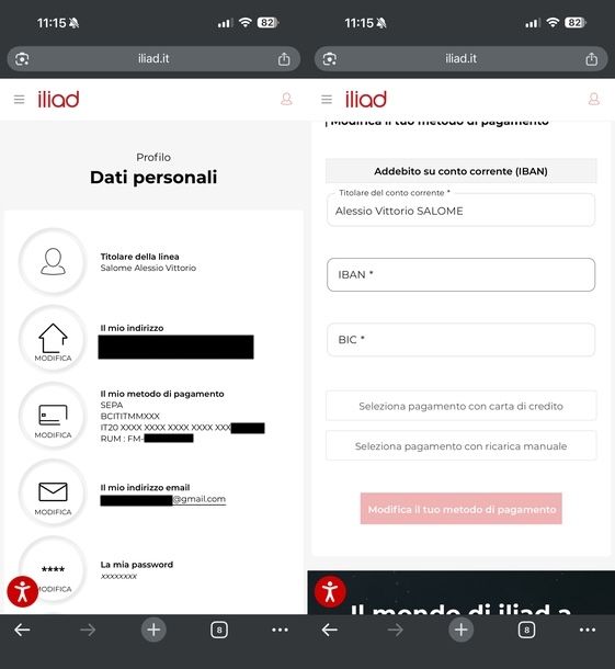 Pagare iliad con IBAN da sito Web