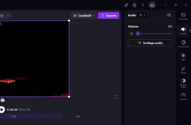 Togliere audio da video Clipchamp Windows