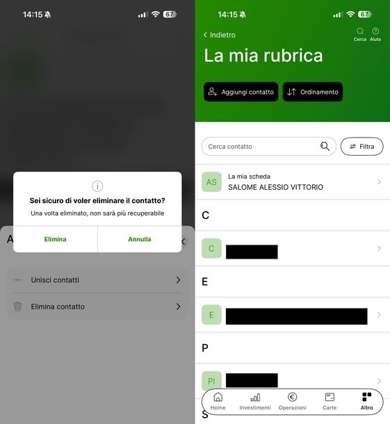 Eliminare contatto dalla rubrica Intesa Sanpaolo app