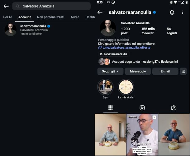 schermate di ricerca app Instagram