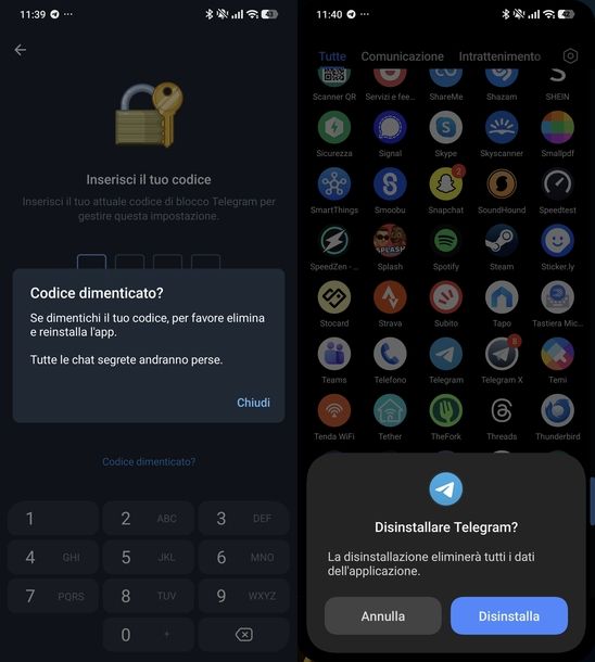 Togliere blocco su Telegram app Android