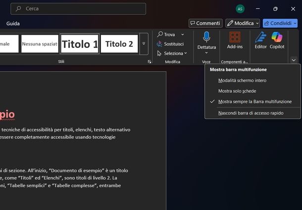 Visualizzare barra multifunzione Word