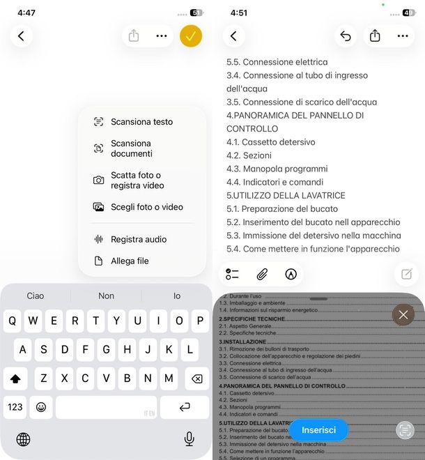 scansionare testo da Note iPhone