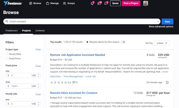 annunci assistente virtuale su sito Freelancer