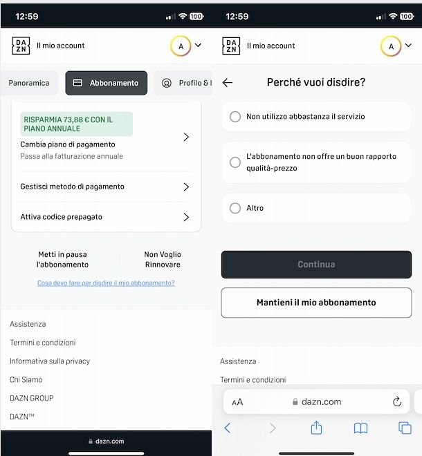 Disattivare DAZN da smartphone