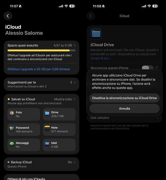Disattivare iCloud Drive iOS