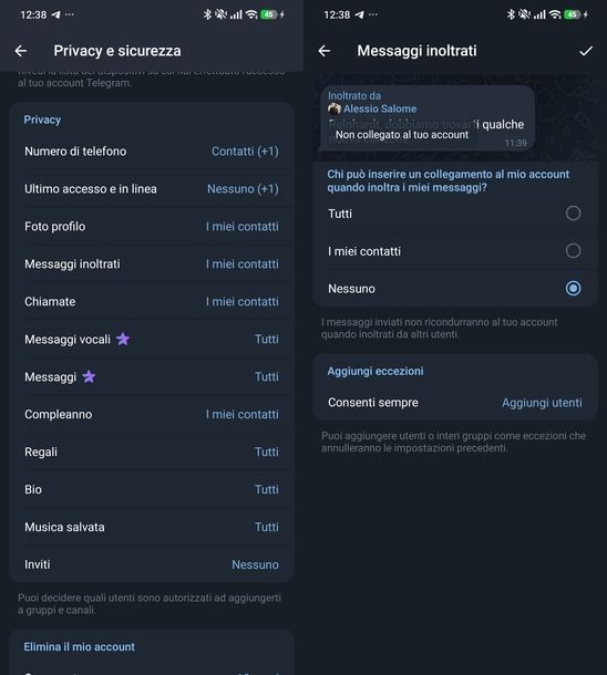 Disattivare messaggi inoltrati Telegram
