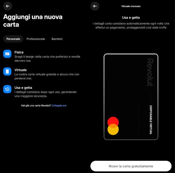 schermate app Revolut attivazione carta usa e getta
