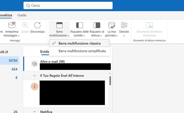 Ripristinare barra multifunzione nuovo Outlook Windows