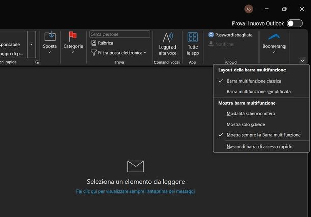 Visualizzare barra multifunzione Outlook 365 Windows