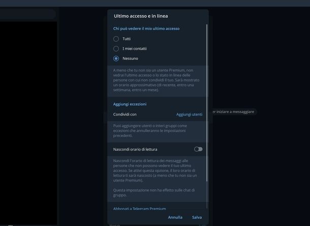Nascondere ultimo accesso stato online Telegram Windows