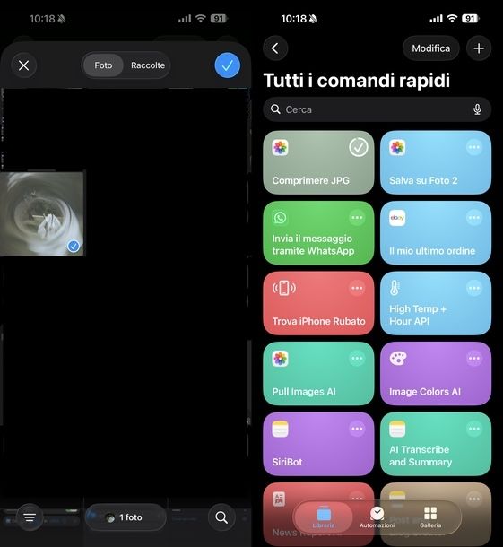 Ridurre dimensioni di file JPG Comandi Rapidi iOS