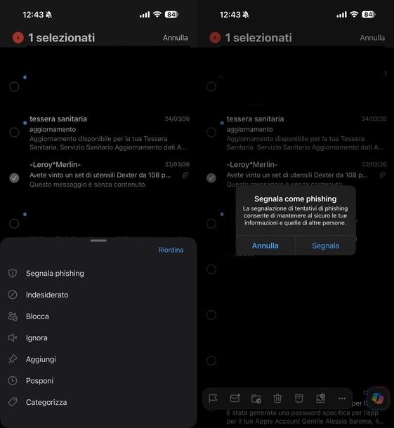 Segnalare mail sospetta Outlook iOS