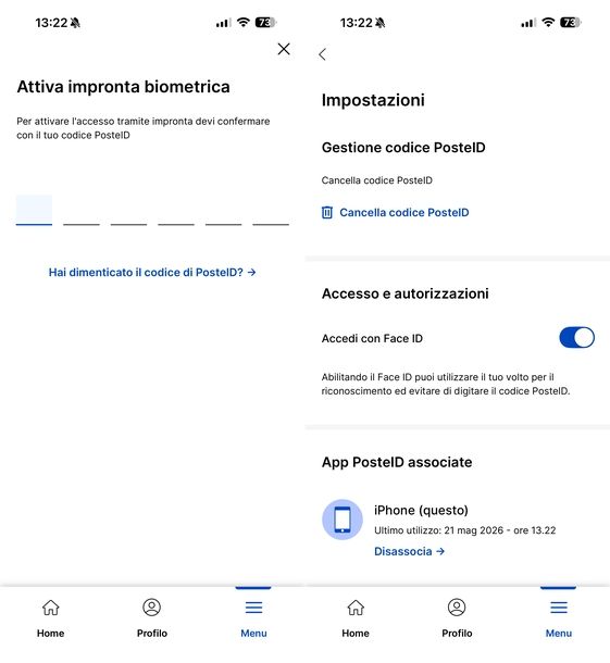 Attivare biometria app PosteID