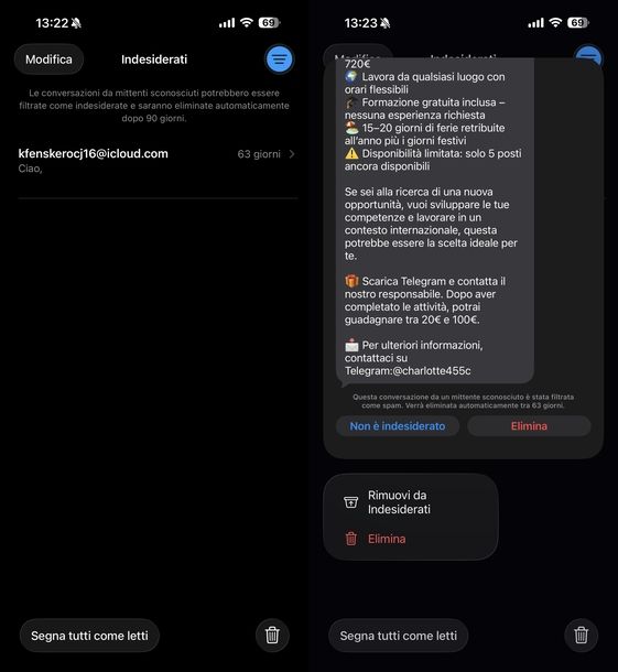 Segnalare messaggio come indesiderato iOS