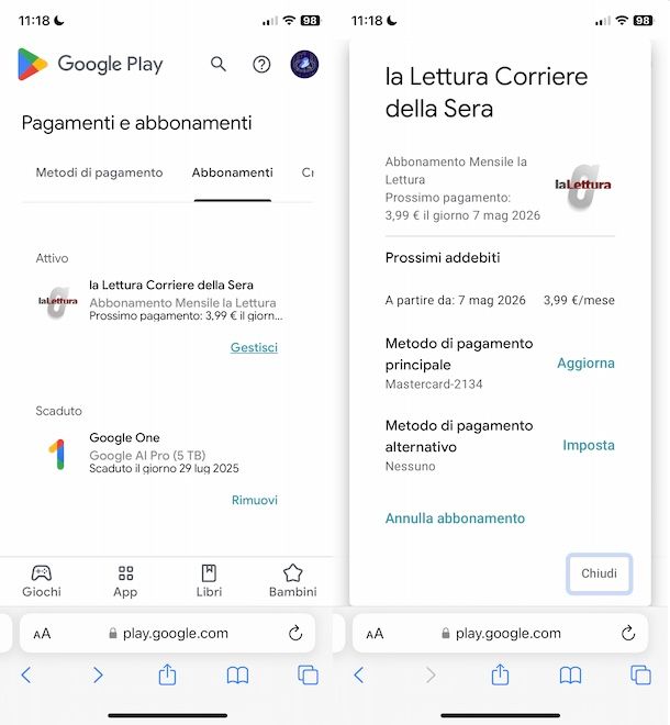 Disattivare abbonamenti Google Play su iPhone