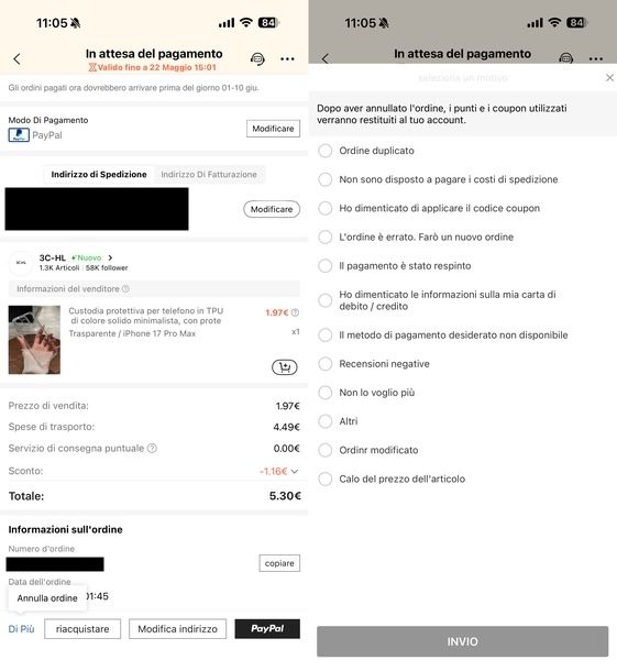 Annullare ordine SHEIN non pagato app