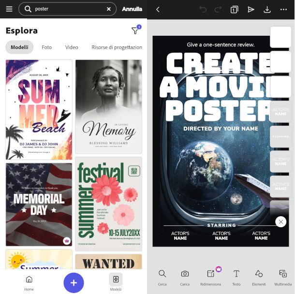 schermate app Adobe Express