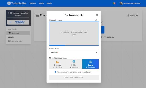 interfaccia TurboScribe online