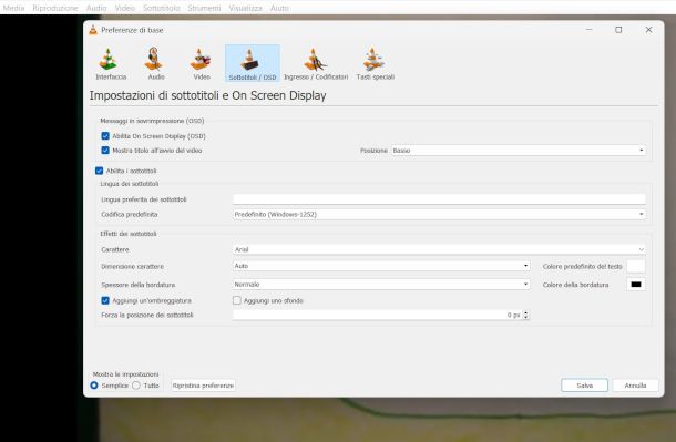 schermata gestione sottotitoli su VLC