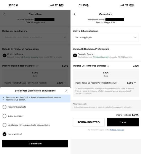 Annullare ordine SHEIN pagato app
