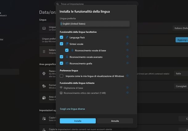 Aggiungere lingua su Windows