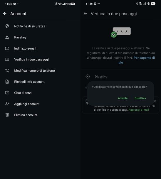 Togliere verifica in due passaggi WhatsApp Android