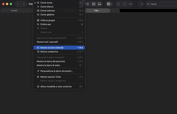 Visualizzare barra degli strumenti Finder macOS