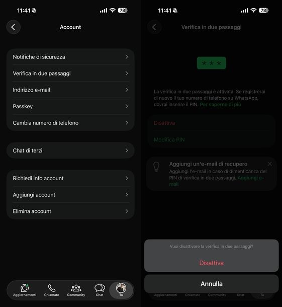 Togliere verifica in due passaggi WhatsApp iPhone