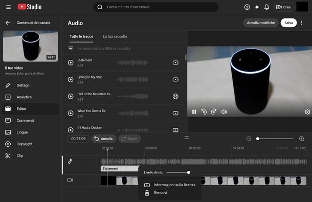 Togliere audio da video YouTube