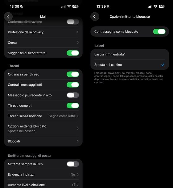 Scegliere dove inviare email bloccate app Mail iOS