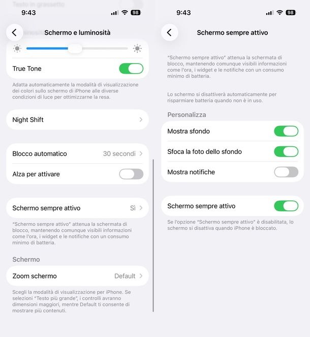 schermo sempre attivo notifiche