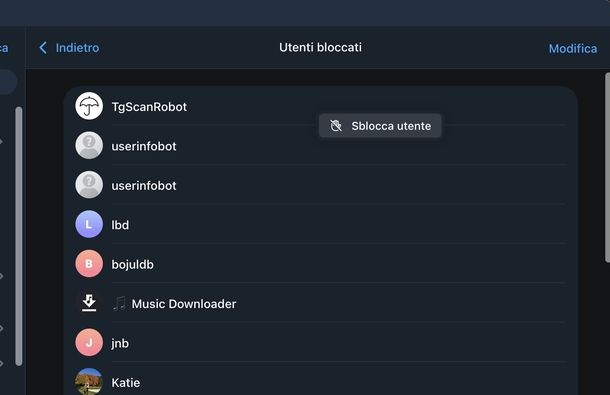 Togliere blocco utente Telegram macOS