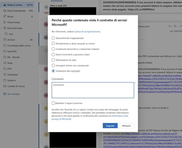 Segnalare mail sospetta Outlook Web