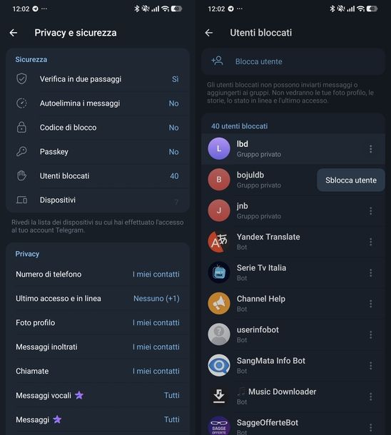 Togliere blocco utente Telegram Android