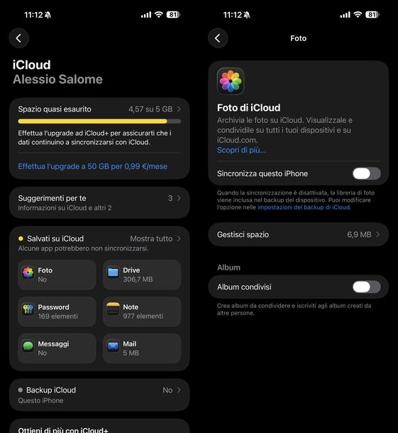 Disattivare iCloud Foto iOS