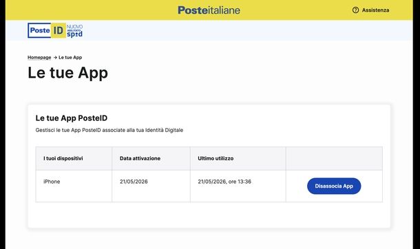 Dissociare dispositivo autorizzato sito PosteID