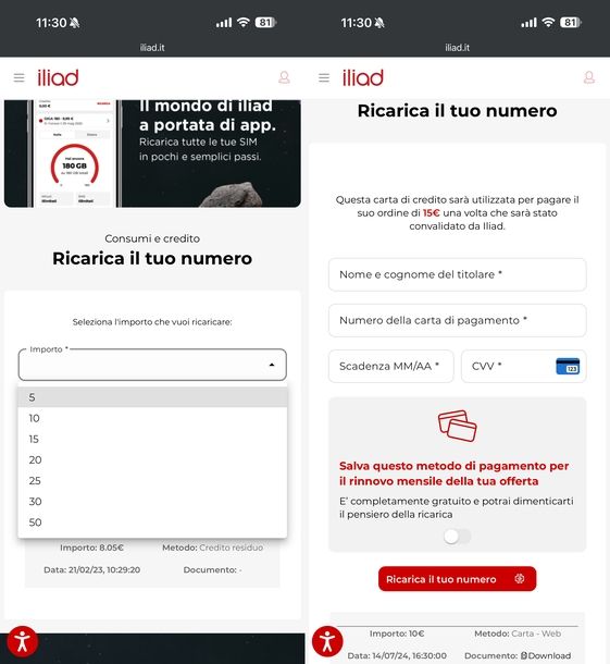 Pagare iliad manualmente con carta da sito Web