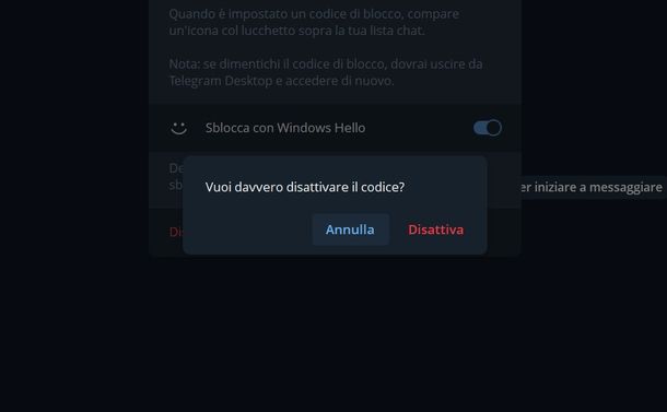 Togliere blocco su Telegram app Windows