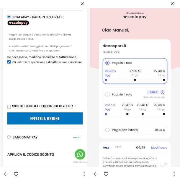 esempio di acquisto online con app Scalapay