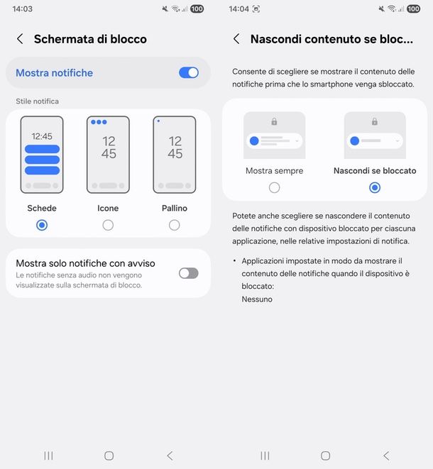 Nascondere notifiche blocco schermo Samsung