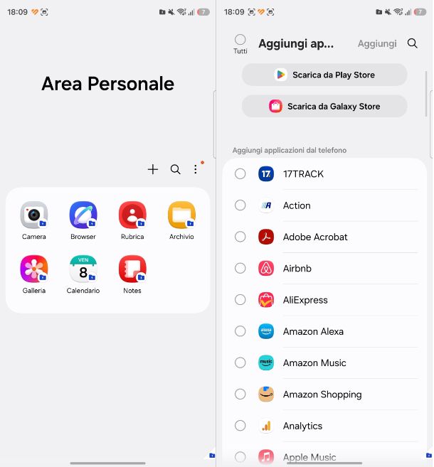 Come aggiungere elementi all'Area Personale Samsung
