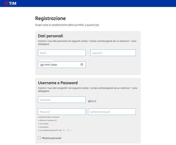 Creare indirizzo email gratis TIM