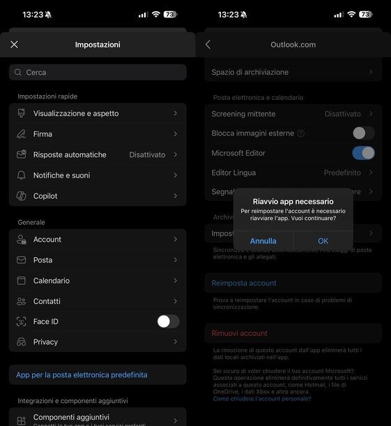 Reimpostare account Outlook app