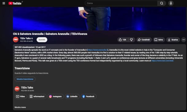 funzione Mostra Trascrizioni YouTube