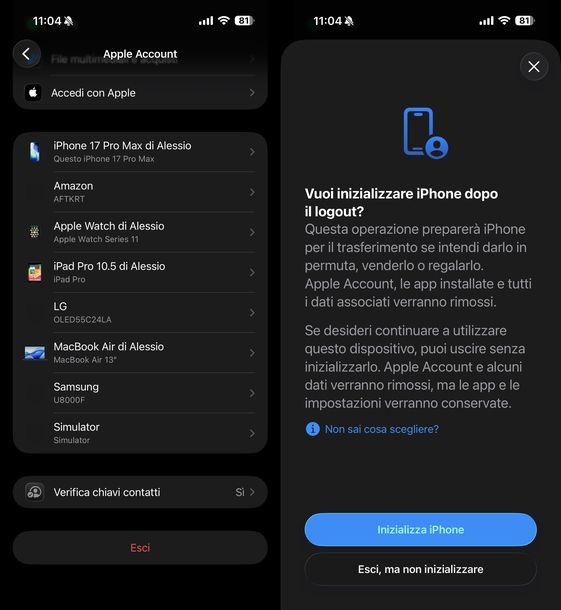 Logout completo account Apple iOS