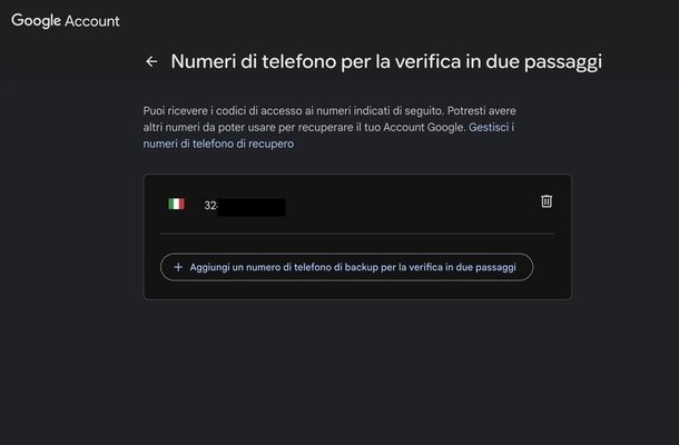 Numero di telefono account Google