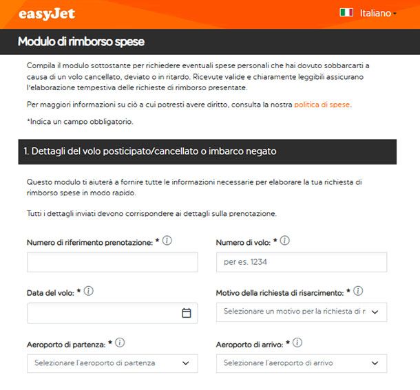 Modulo rimborso easyJet