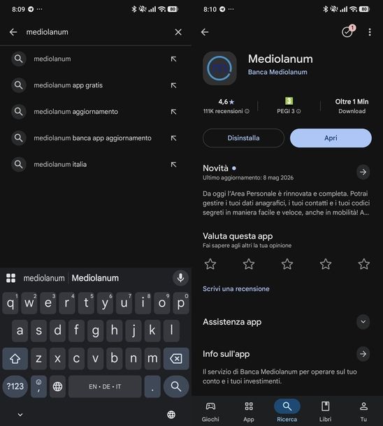 Aggiornare app Mediolanum Android